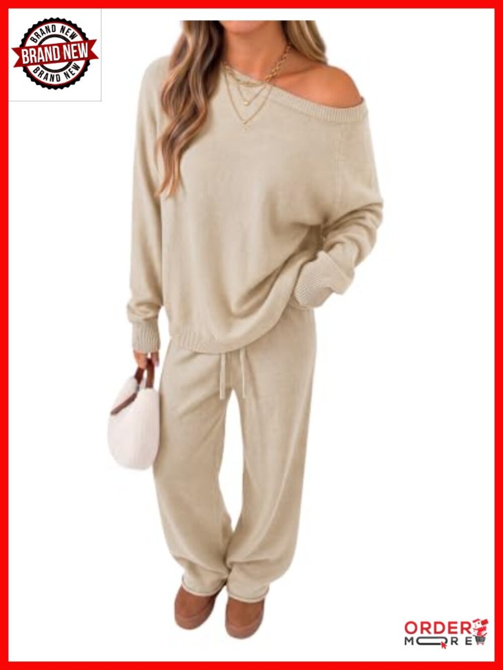 2 Piece Off Shoulder Knit Sweater Lounge Set Wide Leg Pants